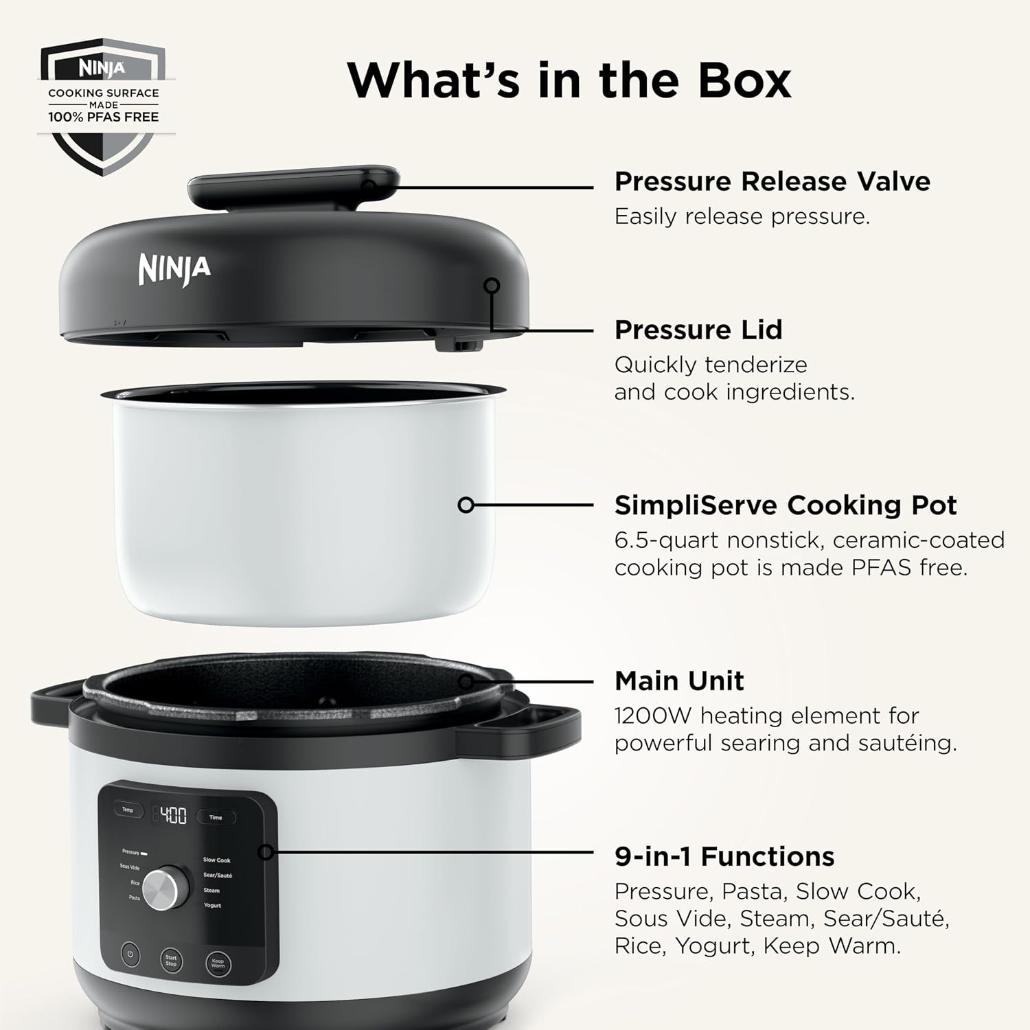 image:imageNinja HyperHeat 9in1 Pressure Cooker 65qt Blue Macaron PC201 Cooks 2X faster Sear Saut Slow Cook Steam amp Sous Vide 1200W PFASfree pot removable SimpliServe pot for easy servingWhite
