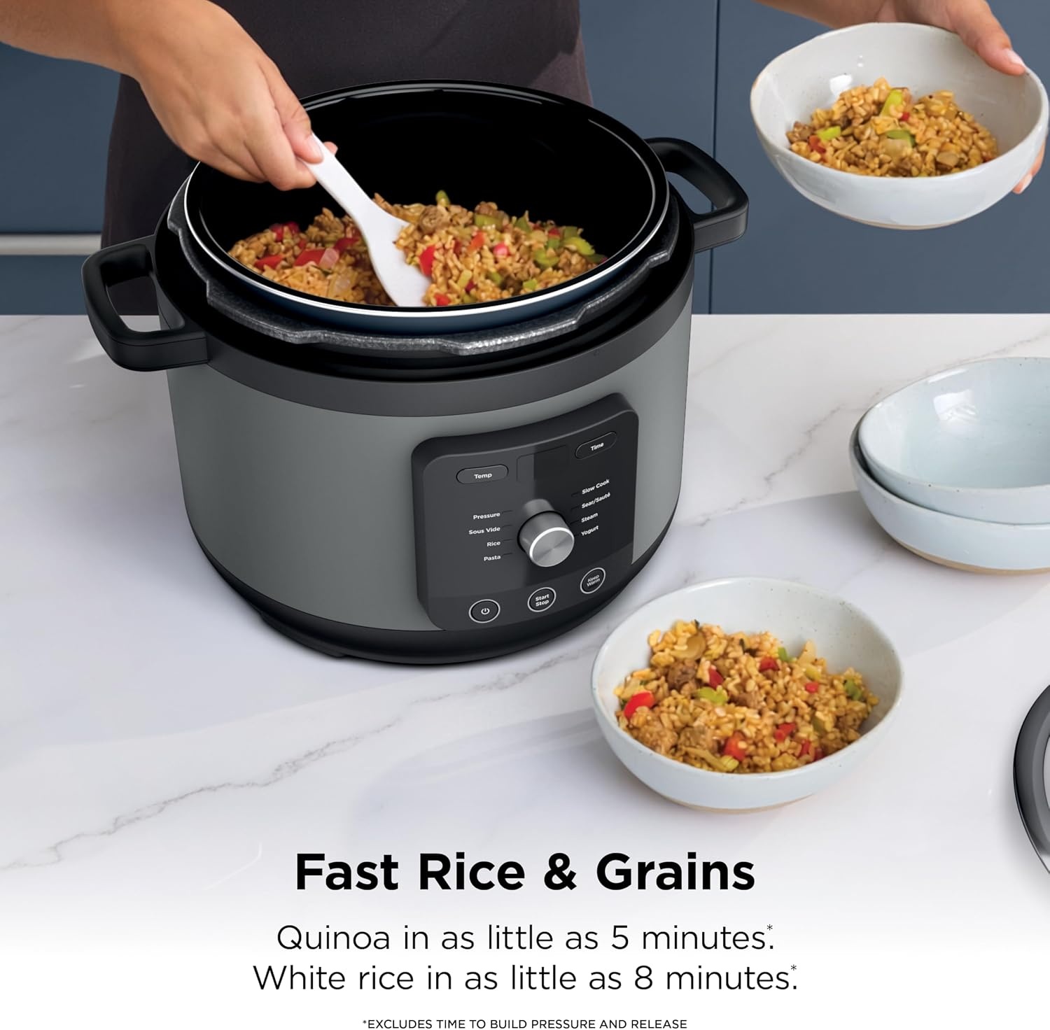 image:imageNinja HyperHeat 9in1 Pressure Cooker 65qt Blue Macaron PC201 Cooks 2X faster Sear Saut Slow Cook Steam amp Sous Vide 1200W PFASfree pot removable SimpliServe pot for easy servingGrey