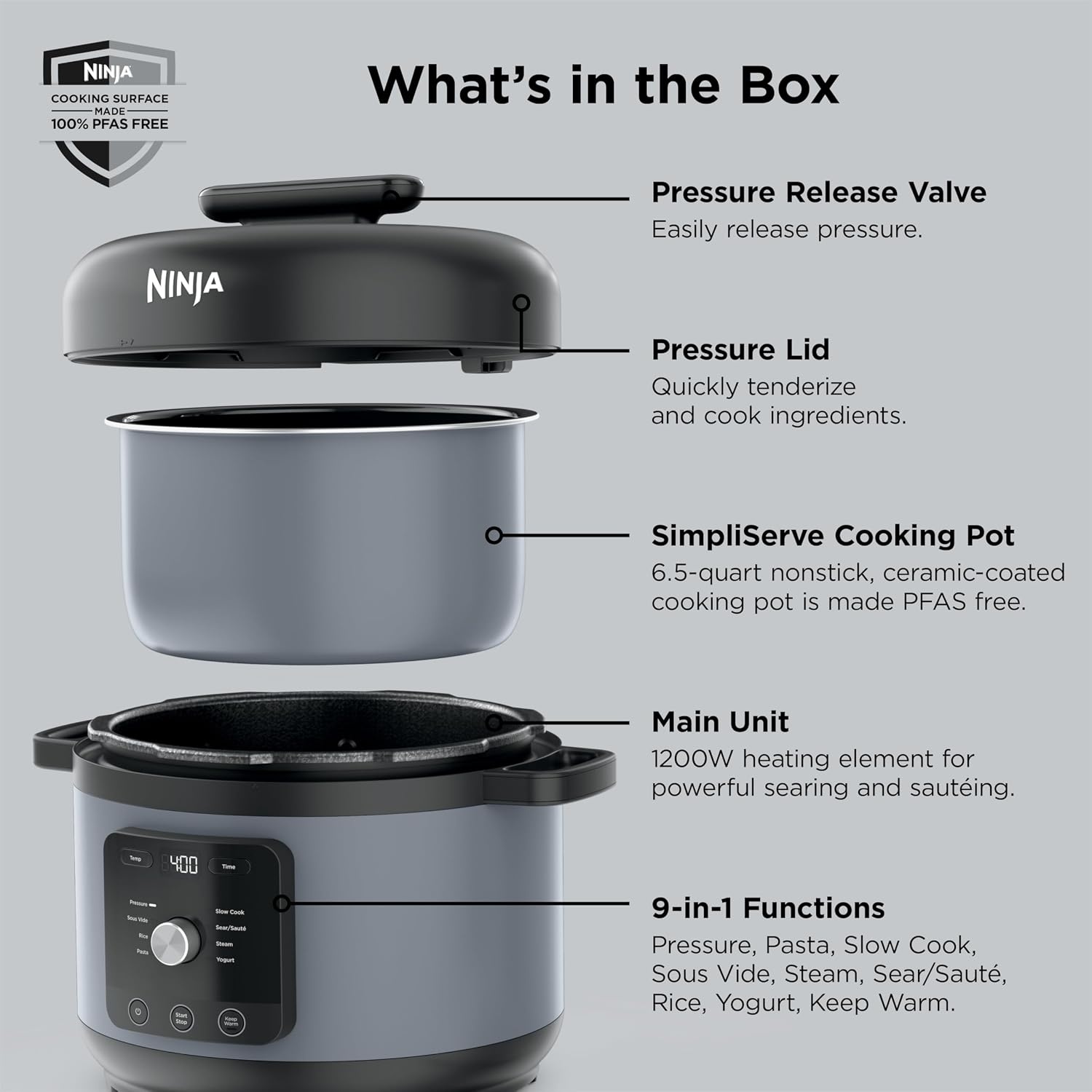 image:imageNinja HyperHeat 9in1 Pressure Cooker 65qt Blue Macaron PC201 Cooks 2X faster Sear Saut Slow Cook Steam amp Sous Vide 1200W PFASfree pot removable SimpliServe pot for easy servingStone Purple