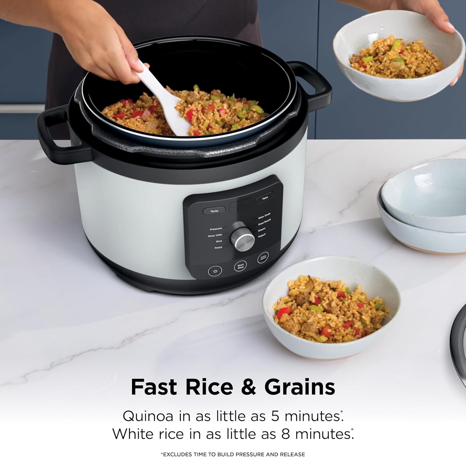 image:imageNinja HyperHeat 9in1 Pressure Cooker 65qt Blue Macaron PC201 Cooks 2X faster Sear Saut Slow Cook Steam amp Sous Vide 1200W PFASfree pot removable SimpliServe pot for easy servingWhite