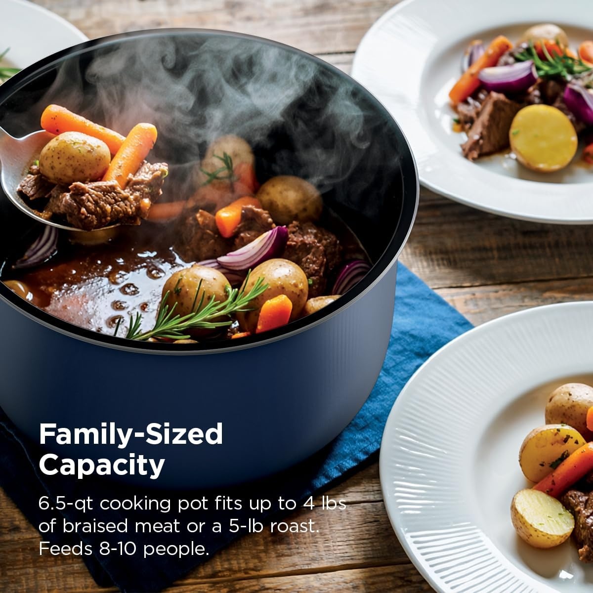 image:imageNinja HyperHeat 9in1 Pressure Cooker 65qt Blue Macaron PC201 Cooks 2X faster Sear Saut Slow Cook Steam amp Sous Vide 1200W PFASfree pot removable SimpliServe pot for easy servingBlue Macaron