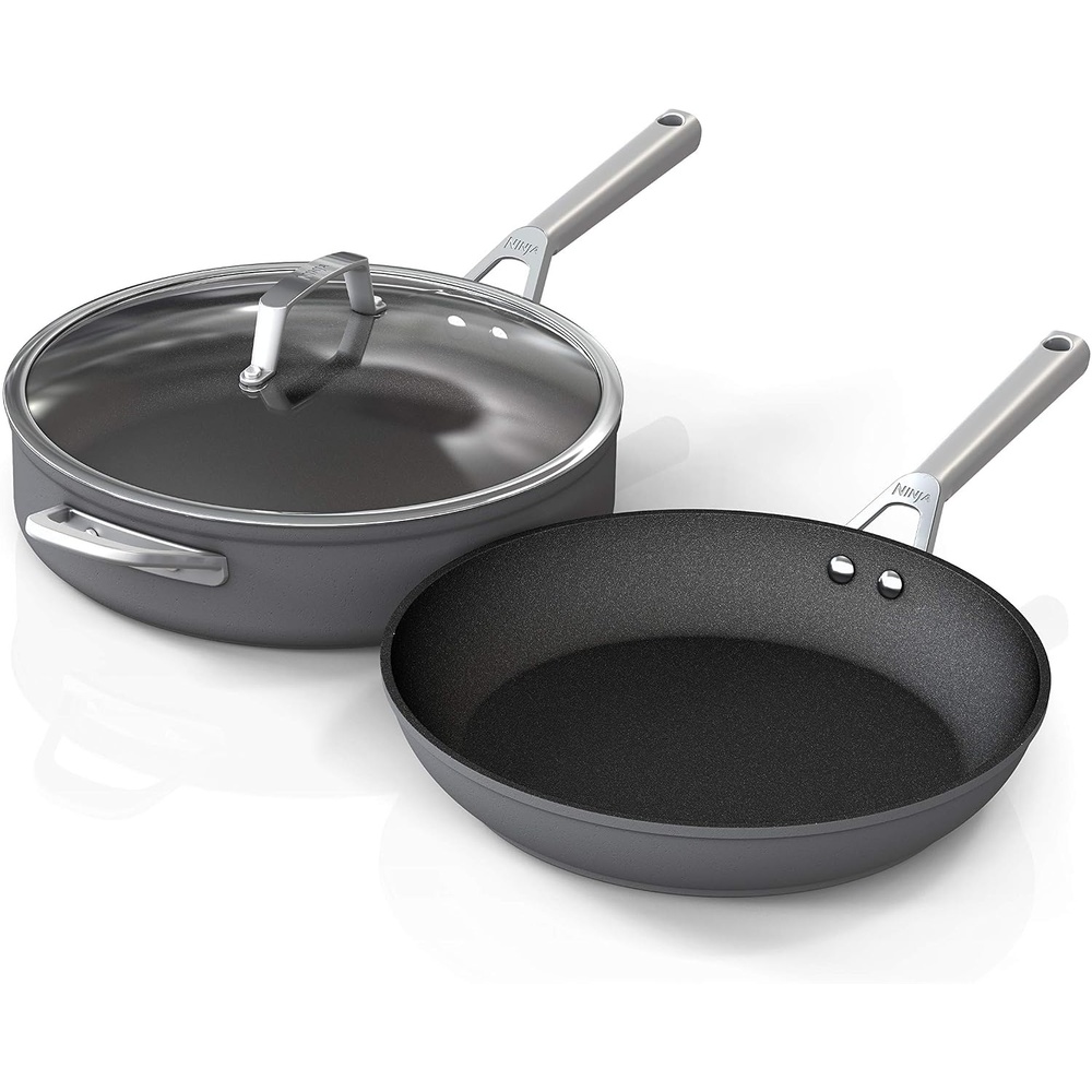 image:imageNinja C33000 Foodi NeverStick Premium 3Piece Cookware Set 12Inch Fry Pan 5Quart Saut Pan with Glass Lid HardAnodized Nonstick Durable amp Oven Safe to 500F Slate Grey3Piece Set