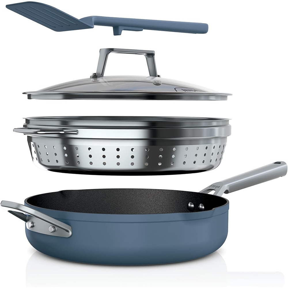 image:imageNinja Cookware Steamer Strainer Basket Glass Lid and Spatula Foodi NeverStick PossiblePan Premium Set with 4Quart Capacity Pan Nonstick Durable Oven Safe Cookware Cherry Tart CW102BLMacaron Blue