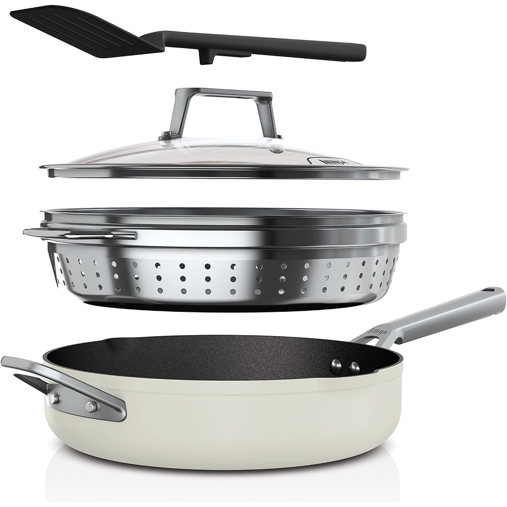 image:imageNinja Cookware Steamer Strainer Basket Glass Lid and Spatula Foodi NeverStick PossiblePan Premium Set with 4Quart Capacity Pan Nonstick Durable Oven Safe Cookware Cherry Tart CW102BLVanilla Bean