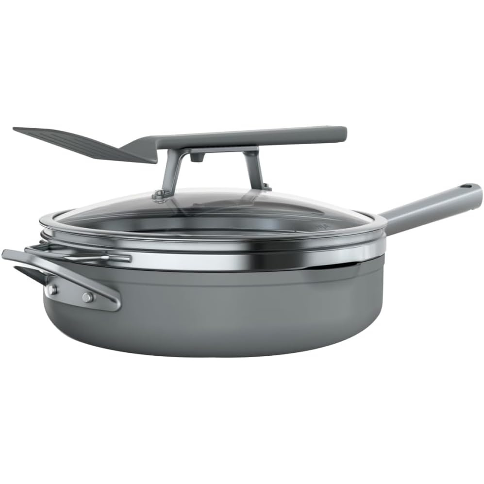 image:imageNinja Cookware Steamer Strainer Basket Glass Lid and Spatula Foodi NeverStick PossiblePan Premium Set with 4Quart Capacity Pan Nonstick Durable Oven Safe Cookware Cherry Tart CW102BLSea Salt Grey