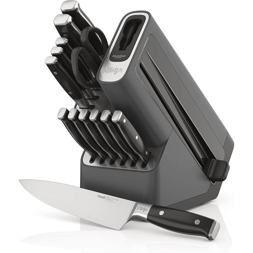 image:imageNinja NeverDull 15Pc Wood Series Knife Block StainlessWalnut K52015 Stays razorsharp 10 years Premium German stainless steel blades Foolproof builtin sharpener Walnut wood block amp handles14Piece