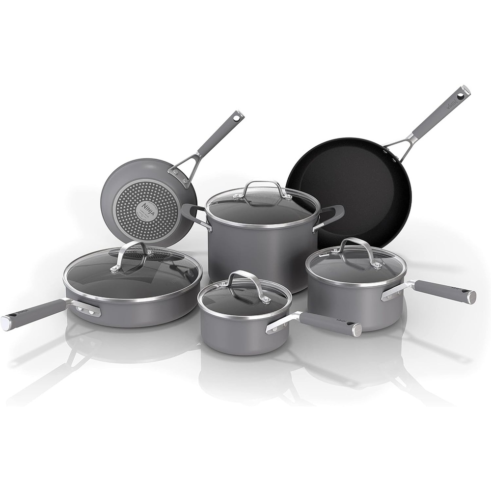image:imageNinja Pots and Pans Set Non Stick Comfort Grip 10Piece Cookware Set with NeverStick Frying Pan Sauce Pan With Lid Stock Pot with Lid Nonstick Dishwasher Safe Oven Safe to 400F CW69010 NeverStick NonStick Cookware10 Piece Set