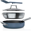 Ninja, Cookware, Steamer, Strainer Basket, Glass Lid and Spatula, Foodi NeverStick PossiblePan, Premium Set with 4-Quart Capacity Pan, Nonstick, Durable, Oven Safe Cookware, Cherry Tart, CW102BL(Macaron Blue)