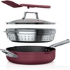 Ninja, Cookware, Steamer, Strainer Basket, Glass Lid and Spatula, Foodi NeverStick PossiblePan, Premium Set with 4-Quart Capacity Pan, Nonstick, Durable, Oven Safe Cookware, Cherry Tart, CW102BL(Cherry Tart)