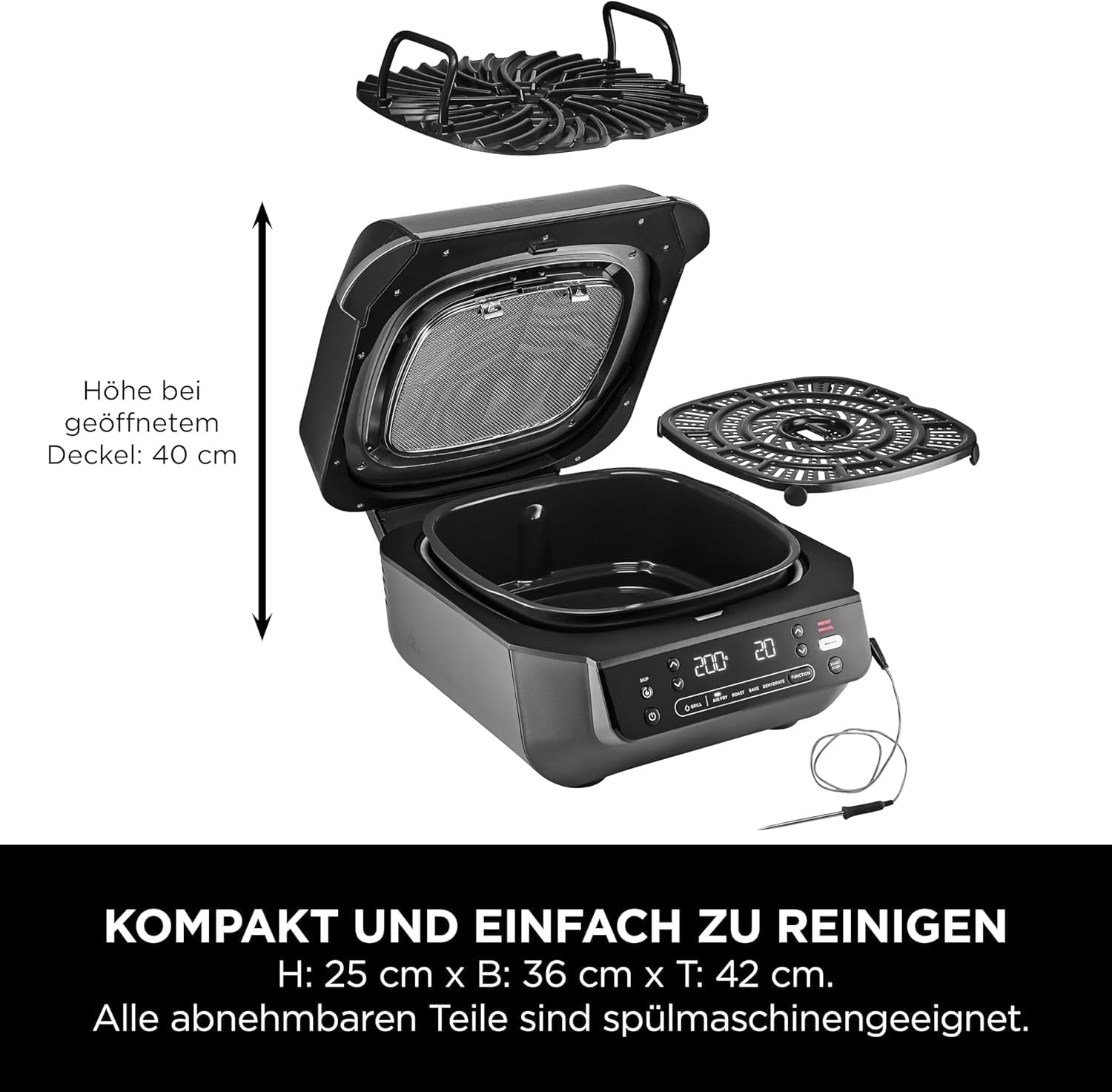 image:imageNinja 5in1 Indoor Grill and Oil Free Deep Fryer 5 Modes EG351EU Cooks up to 4 burgers 57L capacity low smoke emission digital meat thermometer included