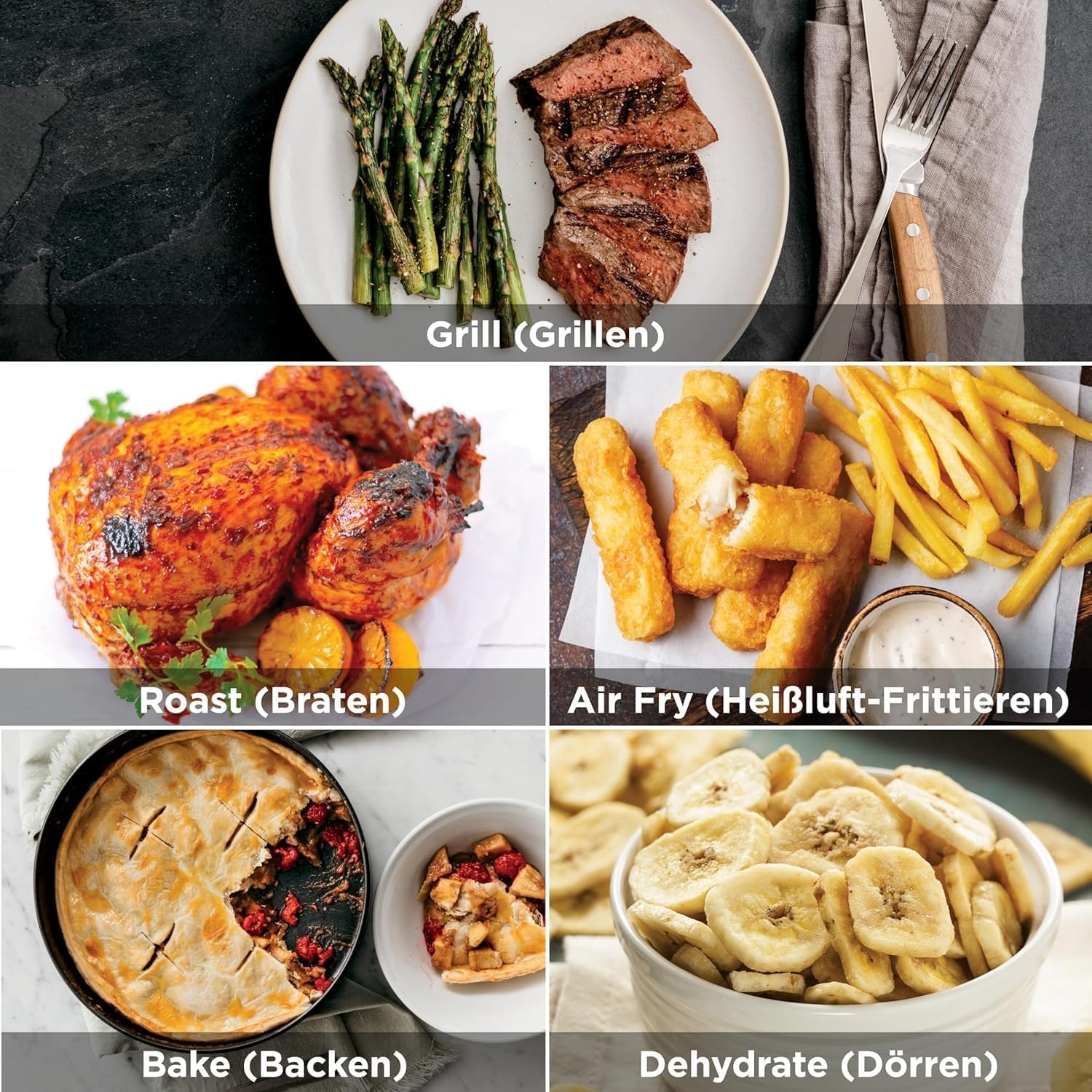 image:imageNinja 5in1 Indoor Grill and Oil Free Deep Fryer 5 Modes EG351EU Cooks up to 4 burgers 57L capacity low smoke emission digital meat thermometer included