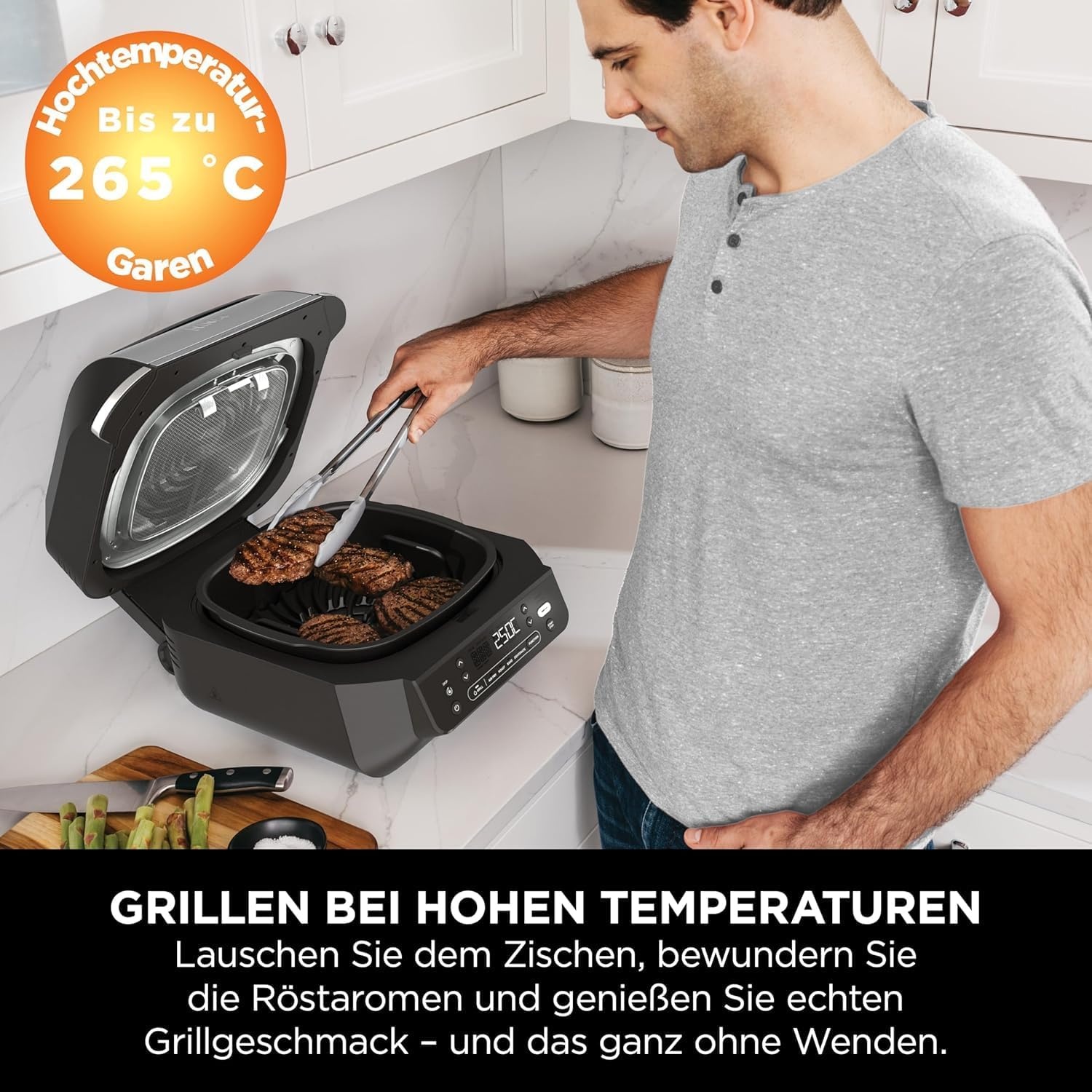 image:imageNinja 5in1 Indoor Grill and Oil Free Deep Fryer 5 Modes EG351EU Cooks up to 4 burgers 57L capacity low smoke emission digital meat thermometer included