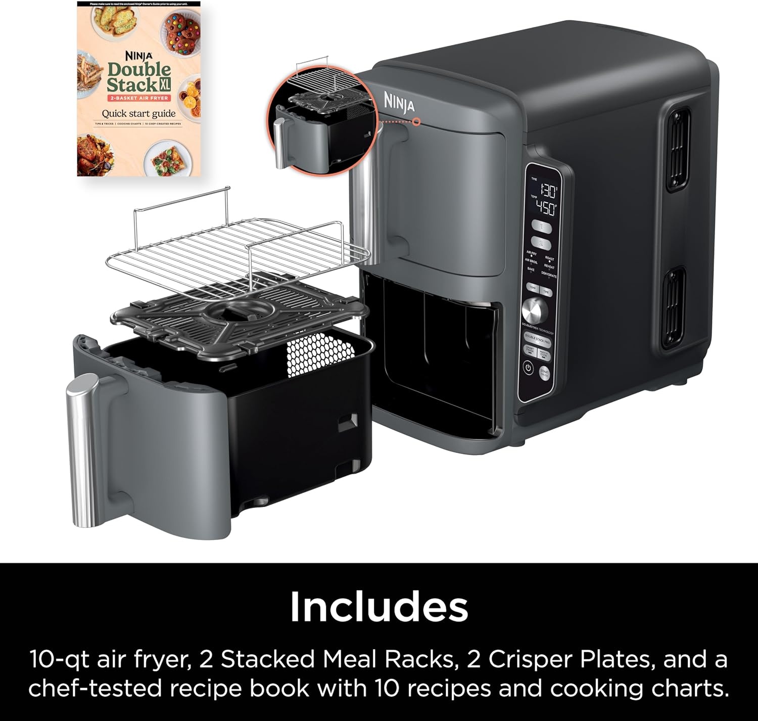 image:imageNinja Air Fryer DoubleStack 8 Qt 6in1 Black SL201 Air fry broil roast bake reheat dehydrate Cooks 4 foods at once Smart Finish Match Cook10 QT