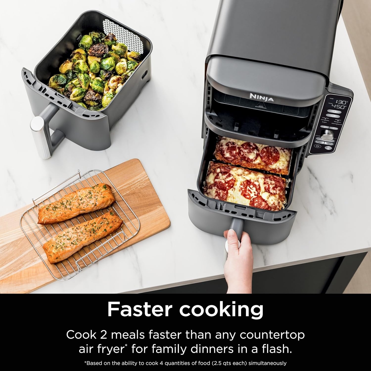 image:imageNinja Air Fryer DoubleStack 8 Qt 6in1 Black SL201 Air fry broil roast bake reheat dehydrate Cooks 4 foods at once Smart Finish Match Cook10 QT