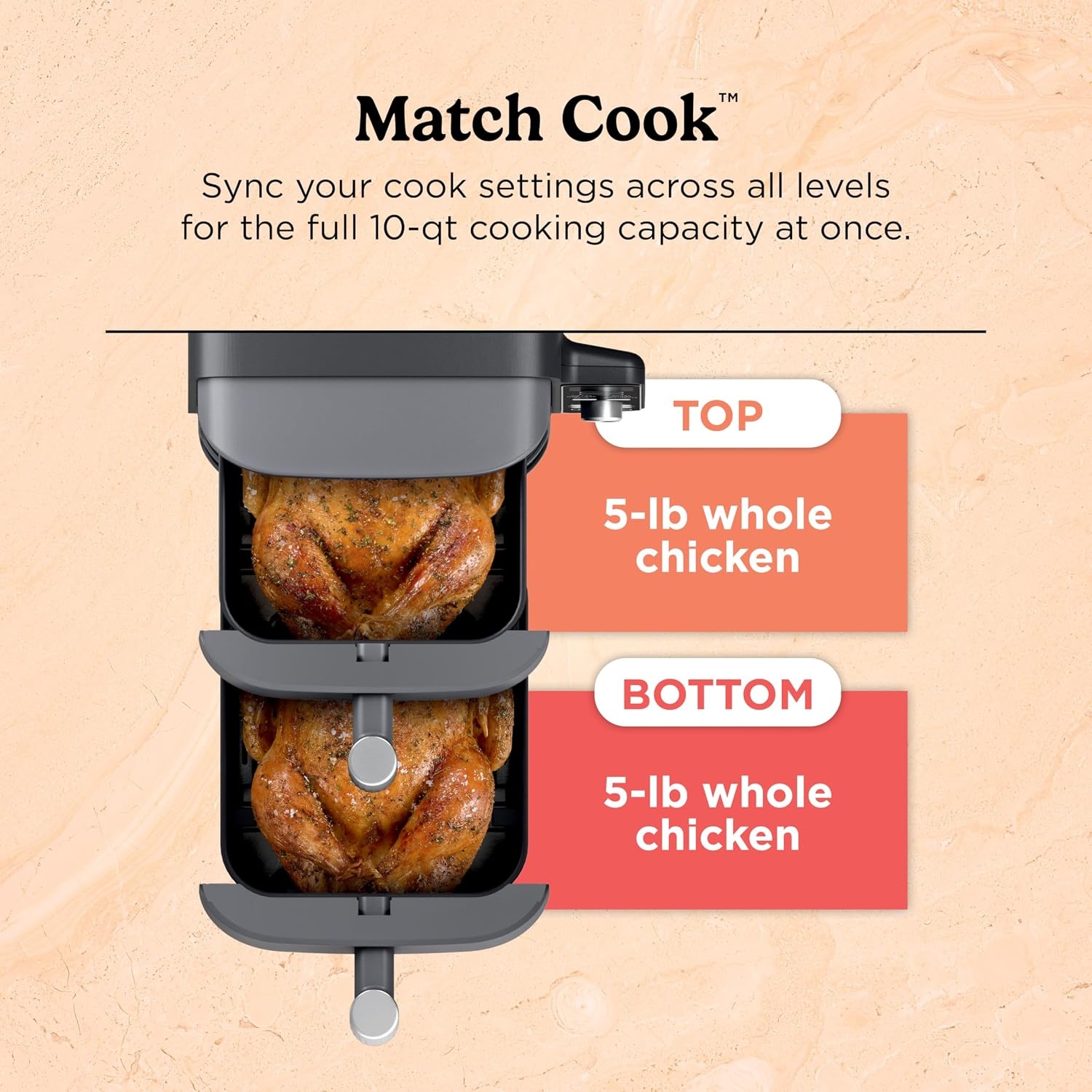 image:imageNinja Air Fryer DoubleStack 8 Qt 6in1 Black SL201 Air fry broil roast bake reheat dehydrate Cooks 4 foods at once Smart Finish Match Cook10 QT