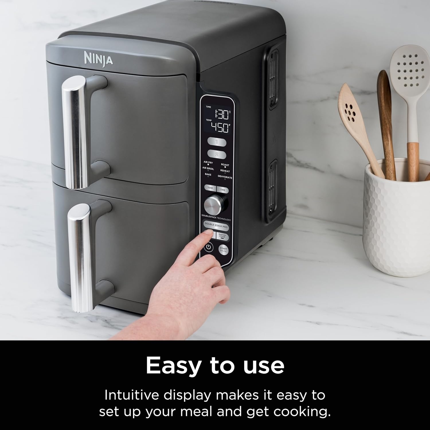 image:imageNinja Air Fryer DoubleStack 8 Qt 6in1 Black SL201 Air fry broil roast bake reheat dehydrate Cooks 4 foods at once Smart Finish Match Cook10 QT