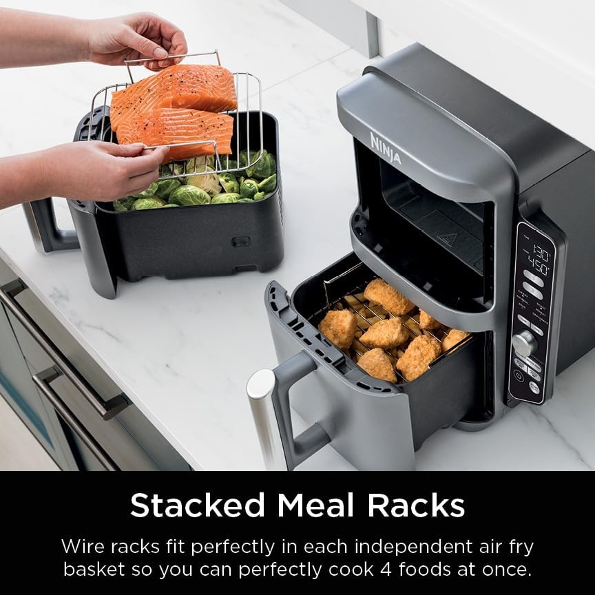 image:imageNinja Air Fryer DoubleStack 8 Qt 6in1 Black SL201 Air fry broil roast bake reheat dehydrate Cooks 4 foods at once Smart Finish Match Cook10 QT