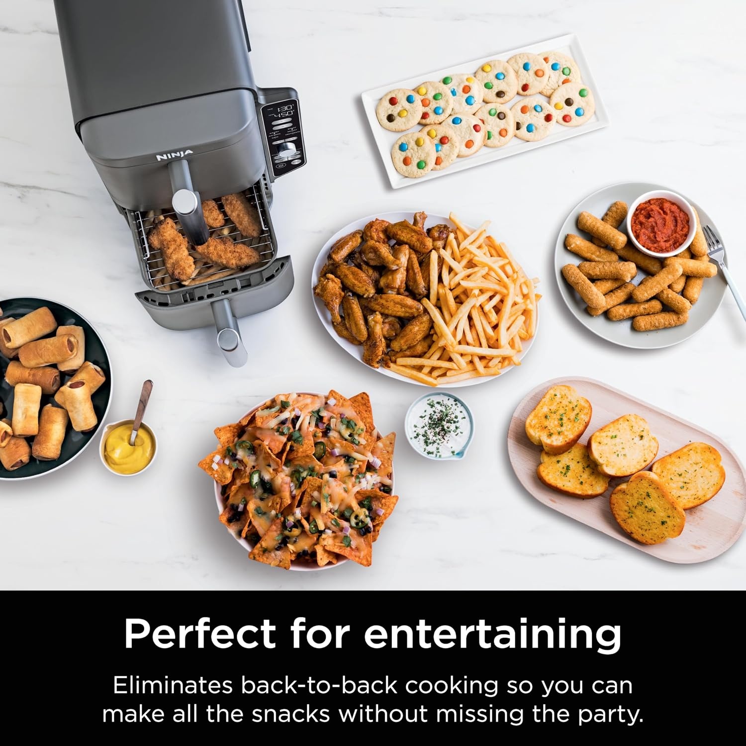 image:imageNinja Air Fryer DoubleStack 8 Qt 6in1 Black SL201 Air fry broil roast bake reheat dehydrate Cooks 4 foods at once Smart Finish Match Cook10 QT