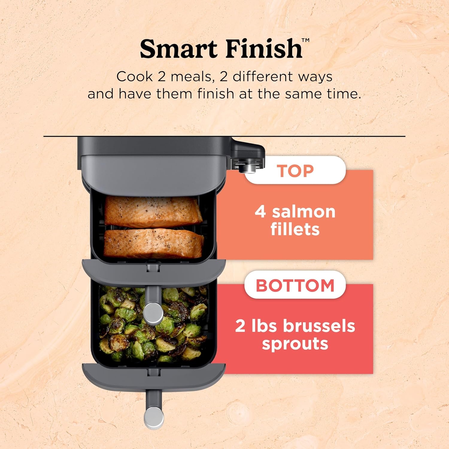 image:imageNinja Air Fryer DoubleStack 8 Qt 6in1 Black SL201 Air fry broil roast bake reheat dehydrate Cooks 4 foods at once Smart Finish Match Cook10 QT