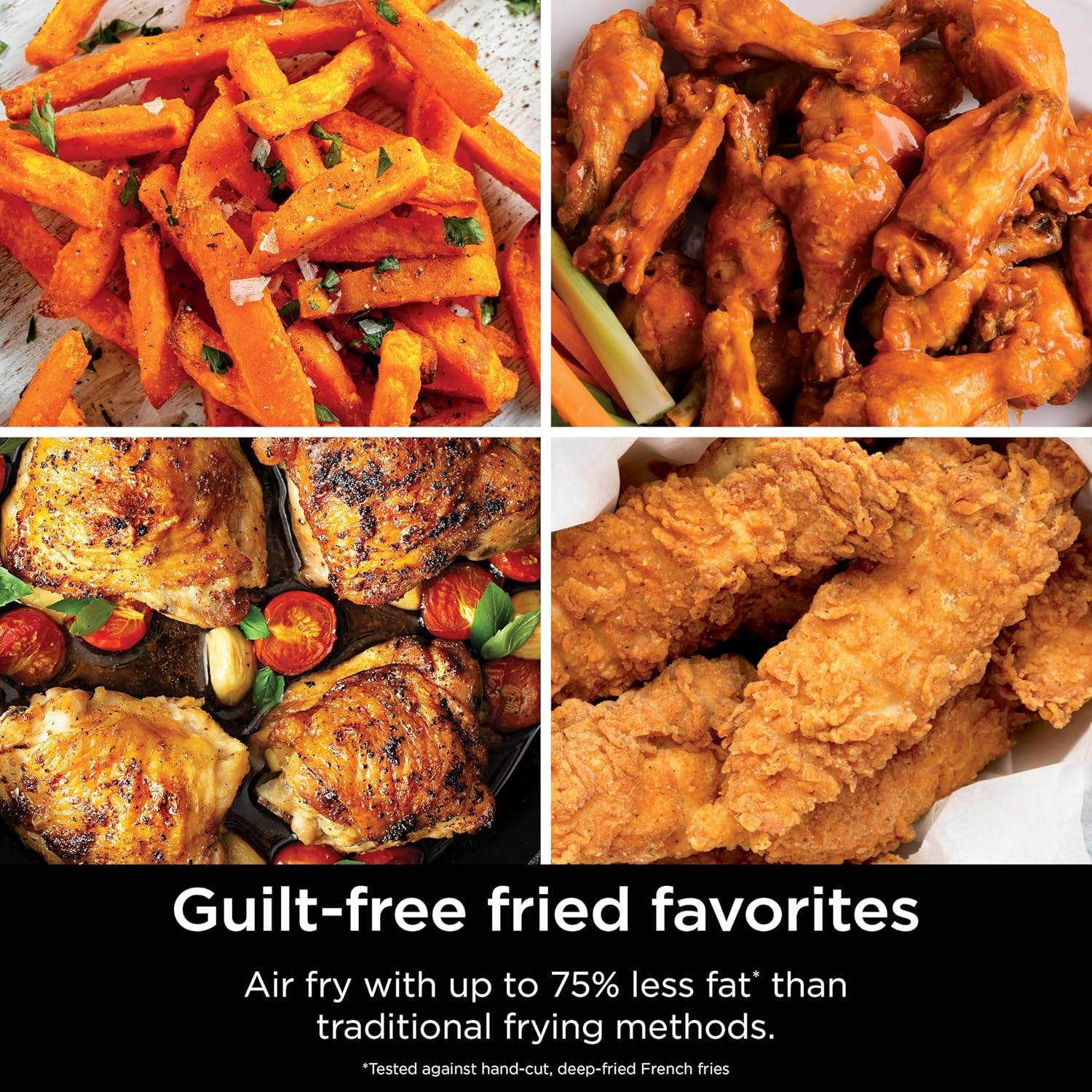 image:imageNinja Air Fryer DoubleStack 8 Qt 6in1 Black SL201 Air fry broil roast bake reheat dehydrate Cooks 4 foods at once Smart Finish Match Cook10 QT