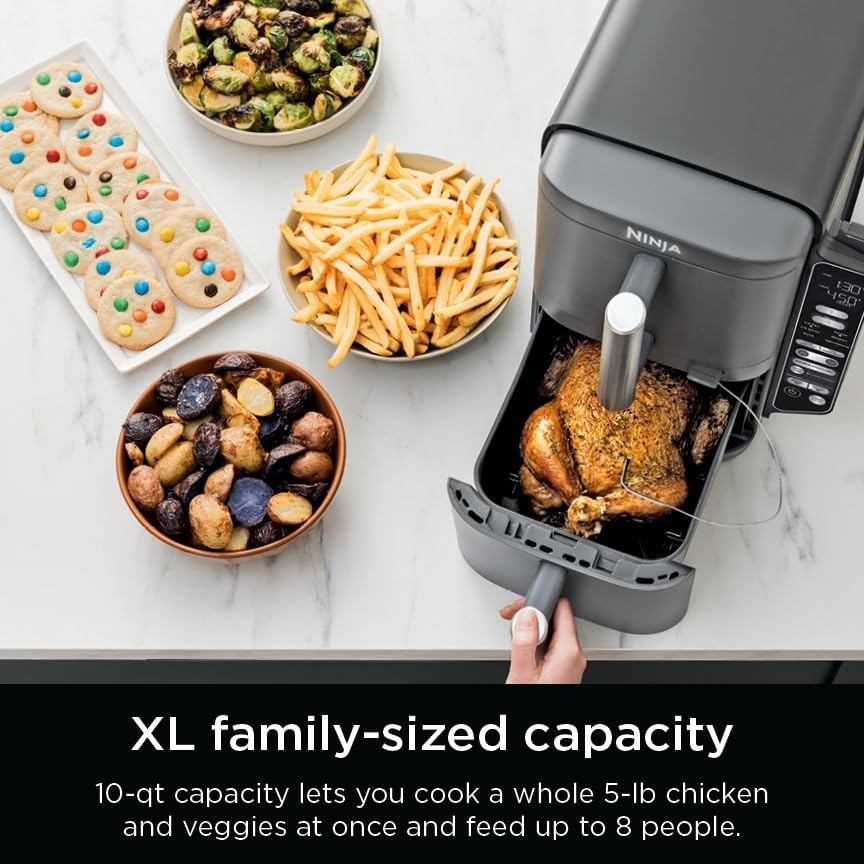 image:imageNinja Air Fryer DoubleStack 8 Qt 6in1 Black SL201 Air fry broil roast bake reheat dehydrate Cooks 4 foods at once Smart Finish Match Cook100 Qt