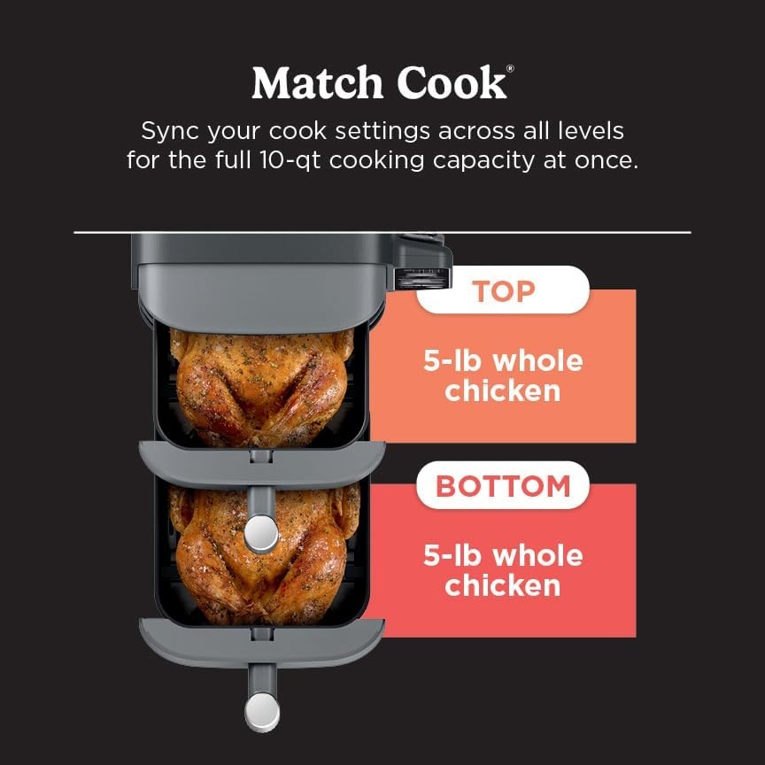 image:imageNinja Air Fryer DoubleStack 8 Qt 6in1 Black SL201 Air fry broil roast bake reheat dehydrate Cooks 4 foods at once Smart Finish Match Cook100 Qt