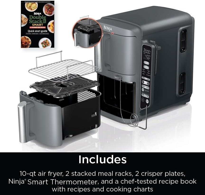 image:imageNinja Air Fryer DoubleStack 8 Qt 6in1 Black SL201 Air fry broil roast bake reheat dehydrate Cooks 4 foods at once Smart Finish Match Cook100 Qt