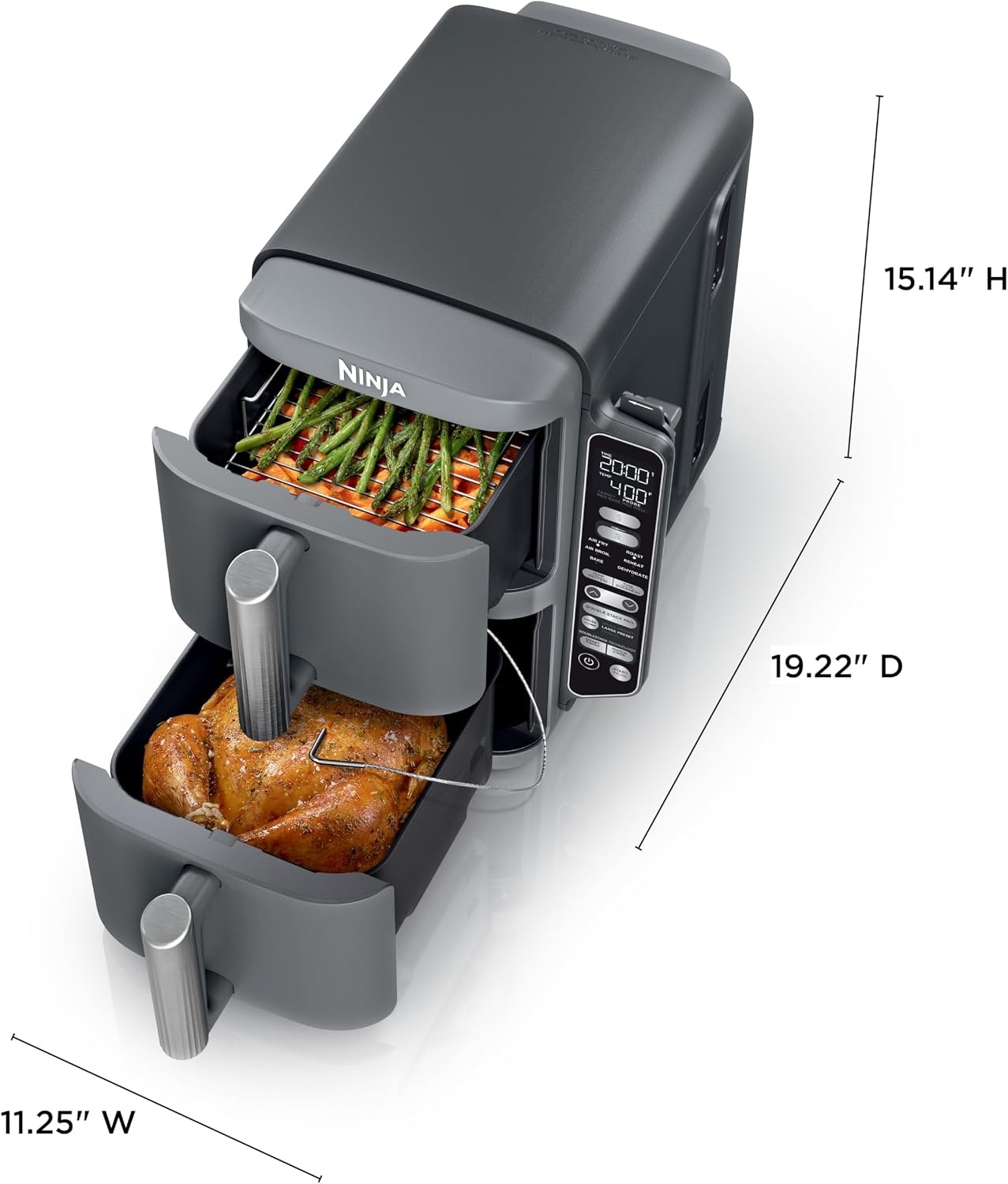 image:imageNinja Air Fryer DoubleStack 8 Qt 6in1 Black SL201 Air fry broil roast bake reheat dehydrate Cooks 4 foods at once Smart Finish Match Cook100 Qt