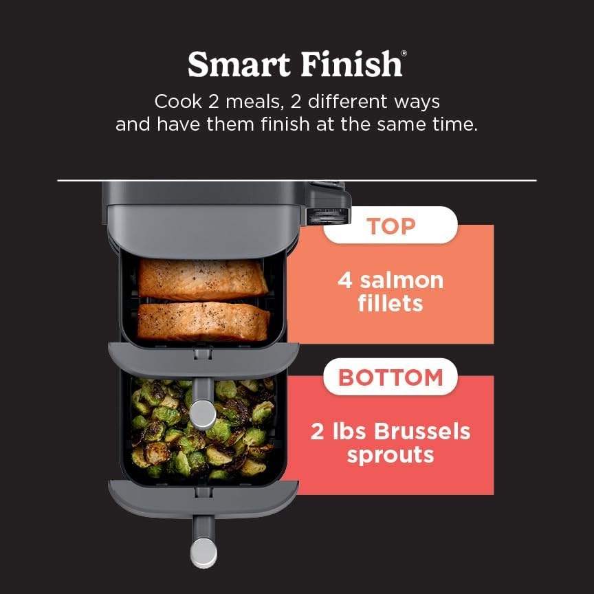 image:imageNinja Air Fryer DoubleStack 8 Qt 6in1 Black SL201 Air fry broil roast bake reheat dehydrate Cooks 4 foods at once Smart Finish Match Cook100 Qt