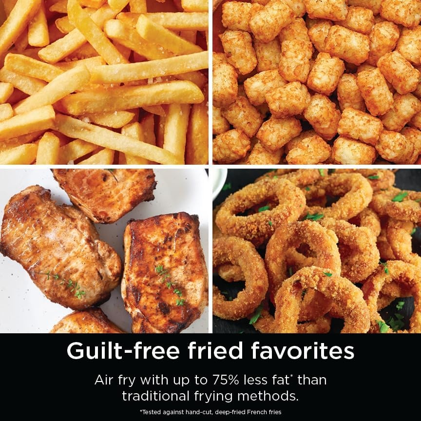 image:imageNinja Air Fryer DoubleStack 8 Qt 6in1 Black SL201 Air fry broil roast bake reheat dehydrate Cooks 4 foods at once Smart Finish Match Cook100 Qt