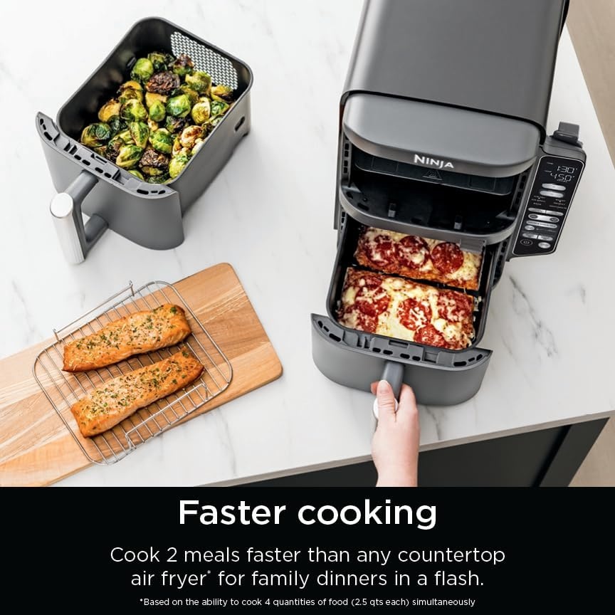 image:imageNinja Air Fryer DoubleStack 8 Qt 6in1 Black SL201 Air fry broil roast bake reheat dehydrate Cooks 4 foods at once Smart Finish Match Cook100 Qt