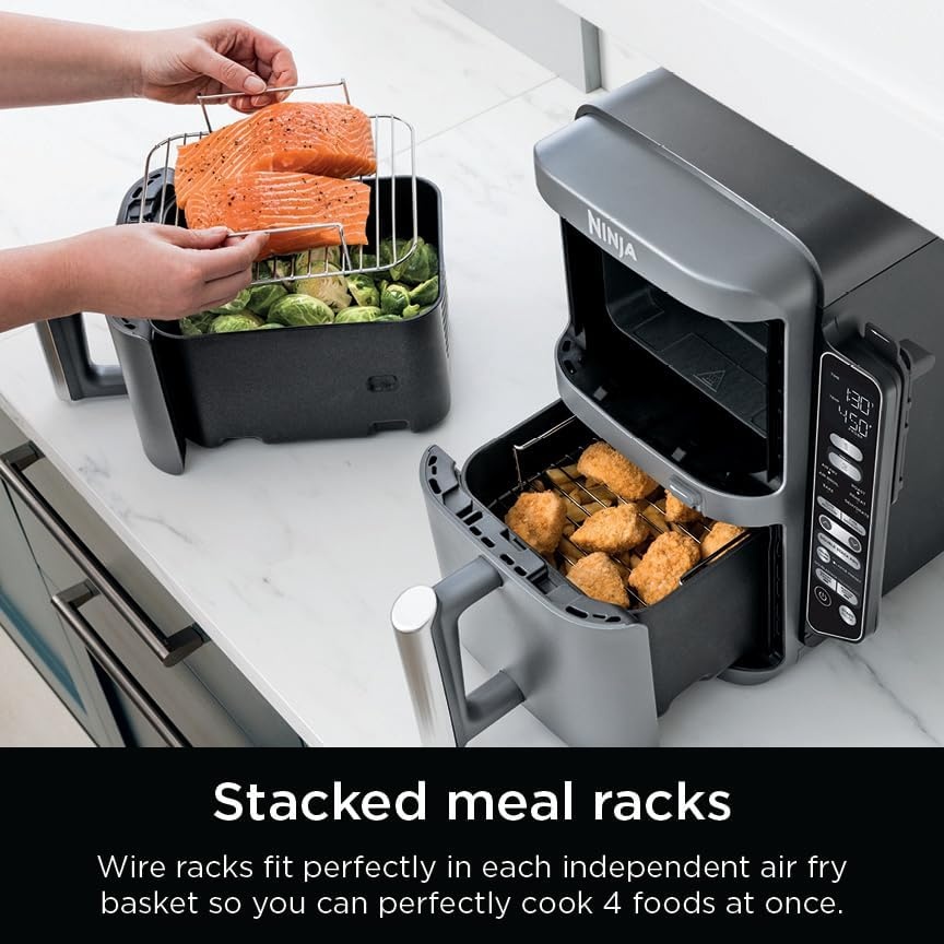 image:imageNinja Air Fryer DoubleStack 8 Qt 6in1 Black SL201 Air fry broil roast bake reheat dehydrate Cooks 4 foods at once Smart Finish Match Cook100 Qt