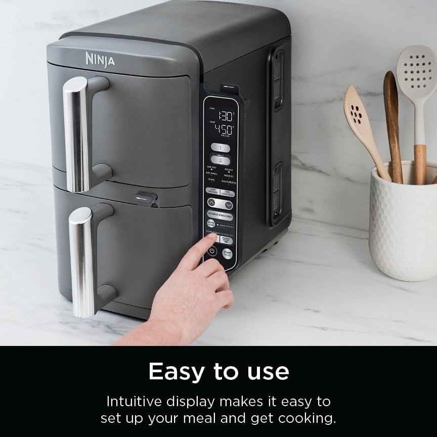 image:imageNinja Air Fryer DoubleStack 8 Qt 6in1 Black SL201 Air fry broil roast bake reheat dehydrate Cooks 4 foods at once Smart Finish Match Cook100 Qt