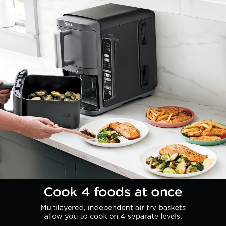 image:imageNinja Air Fryer DoubleStack 8 Qt 6in1 Black SL201 Air fry broil roast bake reheat dehydrate Cooks 4 foods at once Smart Finish Match Cook100 Qt