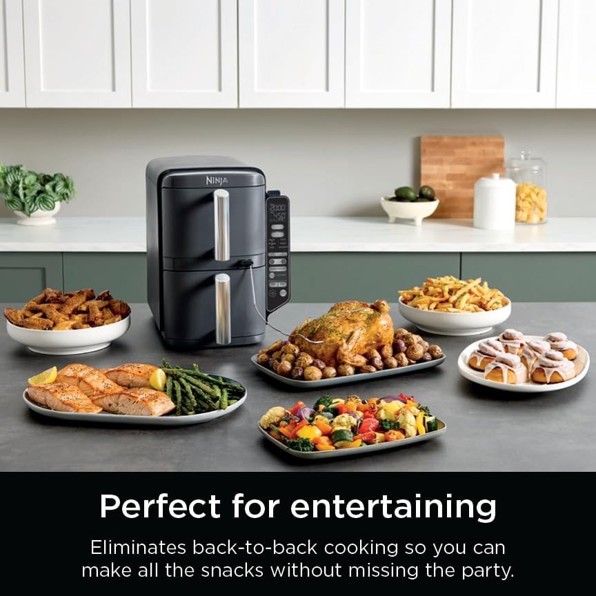image:imageNinja Air Fryer DoubleStack 8 Qt 6in1 Black SL201 Air fry broil roast bake reheat dehydrate Cooks 4 foods at once Smart Finish Match Cook100 Qt