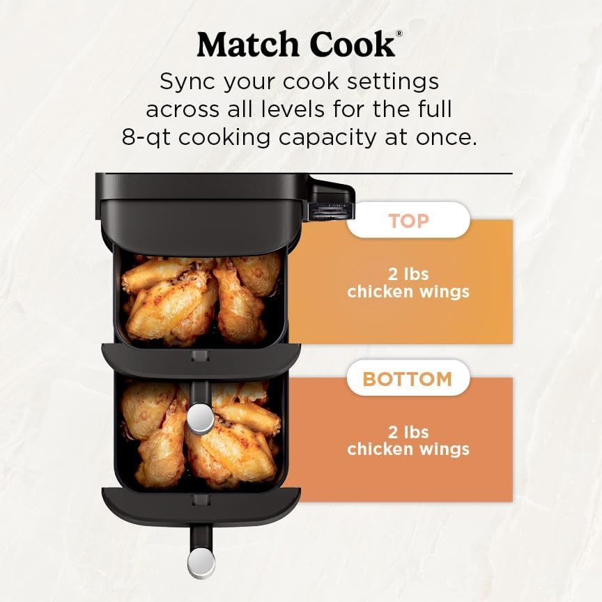 image:imageNinja Air Fryer DoubleStack 8 Qt 6in1 Black SL201 Air fry broil roast bake reheat dehydrate Cooks 4 foods at once Smart Finish Match Cook8 QT