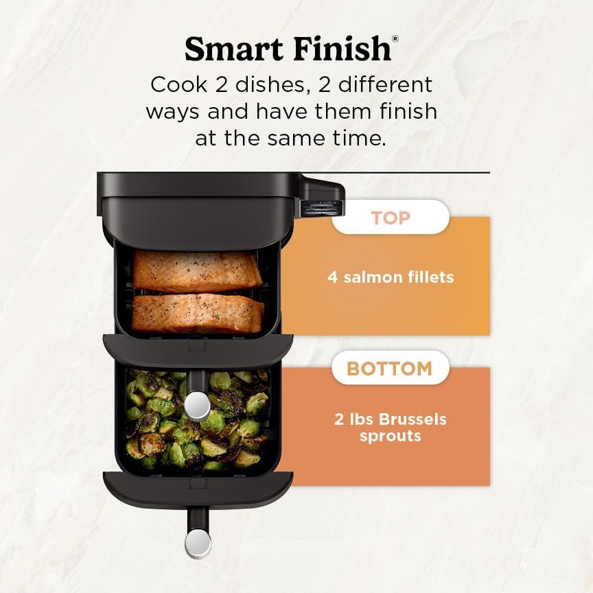 image:imageNinja Air Fryer DoubleStack 8 Qt 6in1 Black SL201 Air fry broil roast bake reheat dehydrate Cooks 4 foods at once Smart Finish Match Cook8 QT