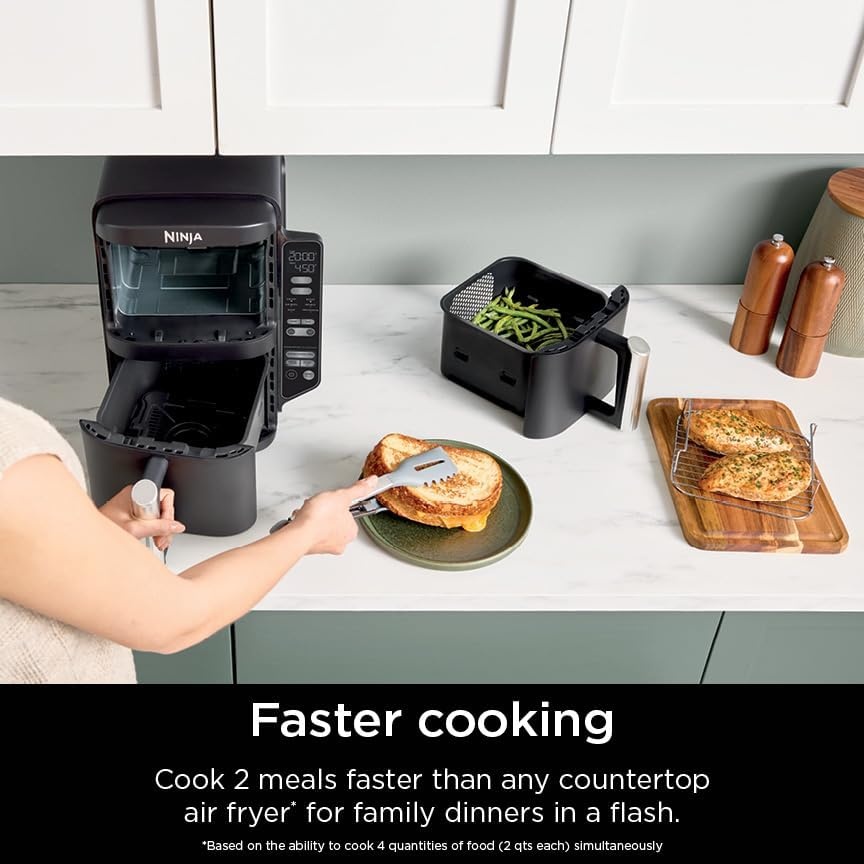 image:imageNinja Air Fryer DoubleStack 8 Qt 6in1 Black SL201 Air fry broil roast bake reheat dehydrate Cooks 4 foods at once Smart Finish Match Cook8 QT