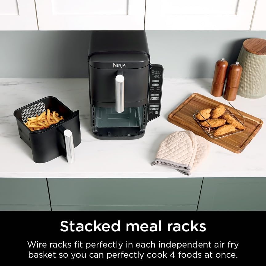 image:imageNinja Air Fryer DoubleStack 8 Qt 6in1 Black SL201 Air fry broil roast bake reheat dehydrate Cooks 4 foods at once Smart Finish Match Cook8 QT