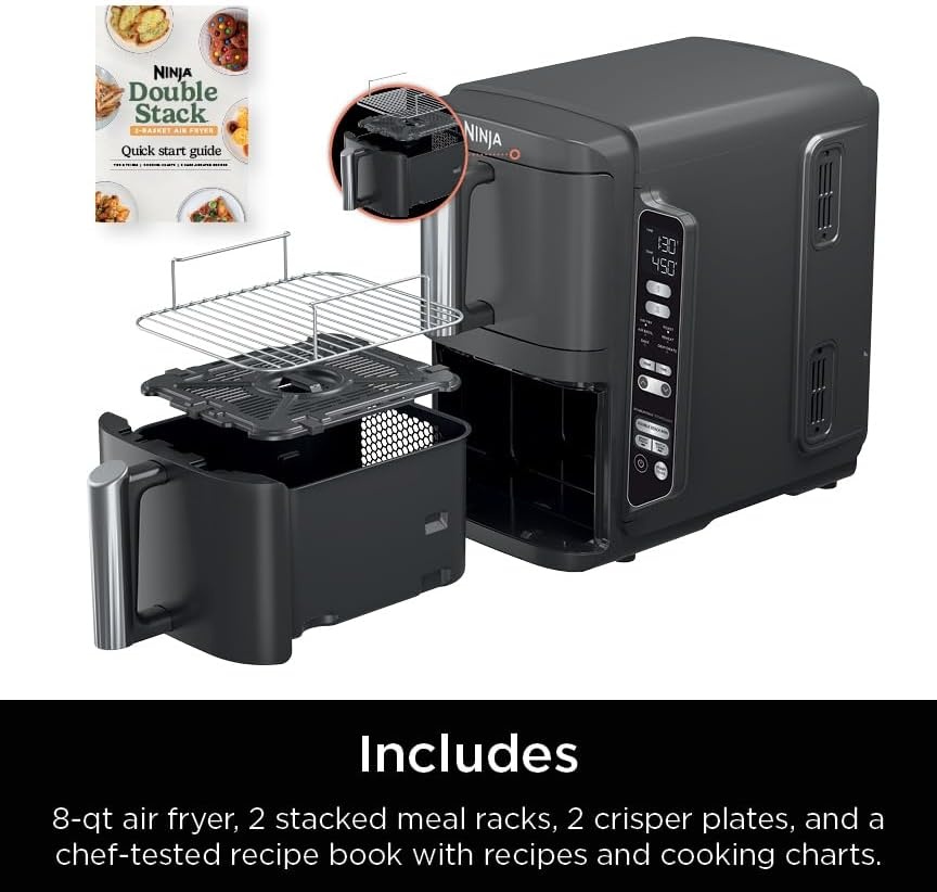 image:imageNinja Air Fryer DoubleStack 8 Qt 6in1 Black SL201 Air fry broil roast bake reheat dehydrate Cooks 4 foods at once Smart Finish Match Cook8 QT