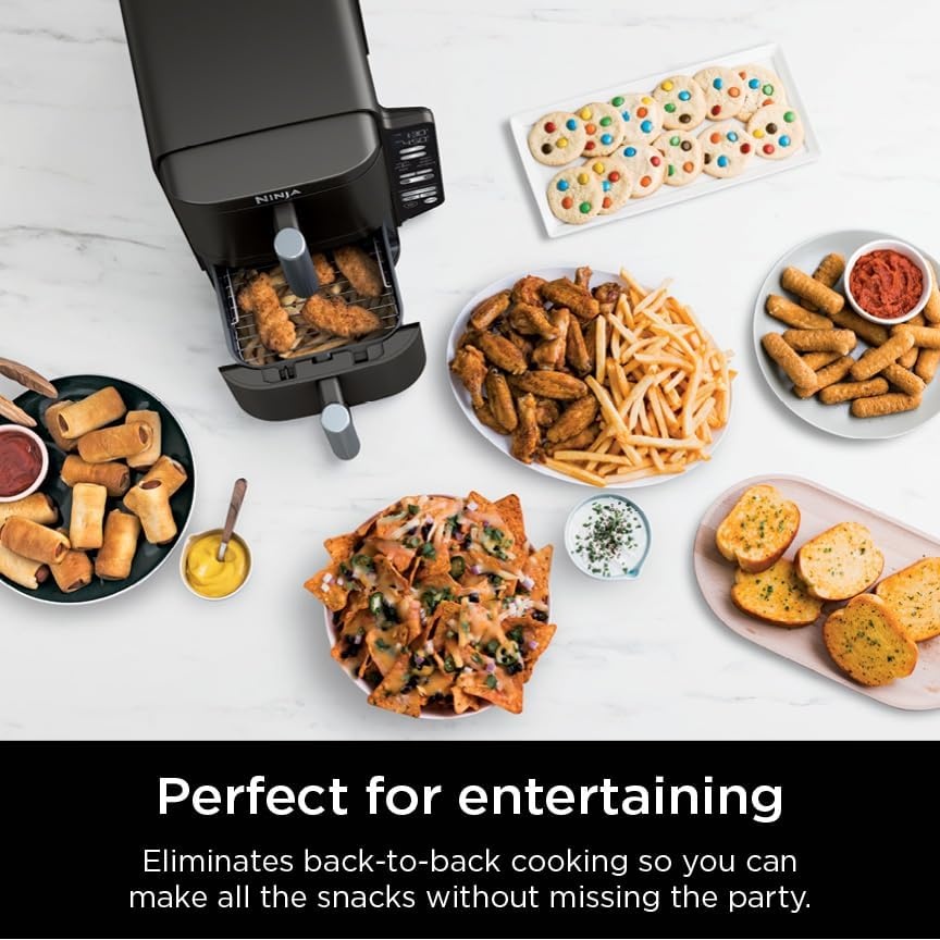 image:imageNinja Air Fryer DoubleStack 8 Qt 6in1 Black SL201 Air fry broil roast bake reheat dehydrate Cooks 4 foods at once Smart Finish Match Cook8 QT