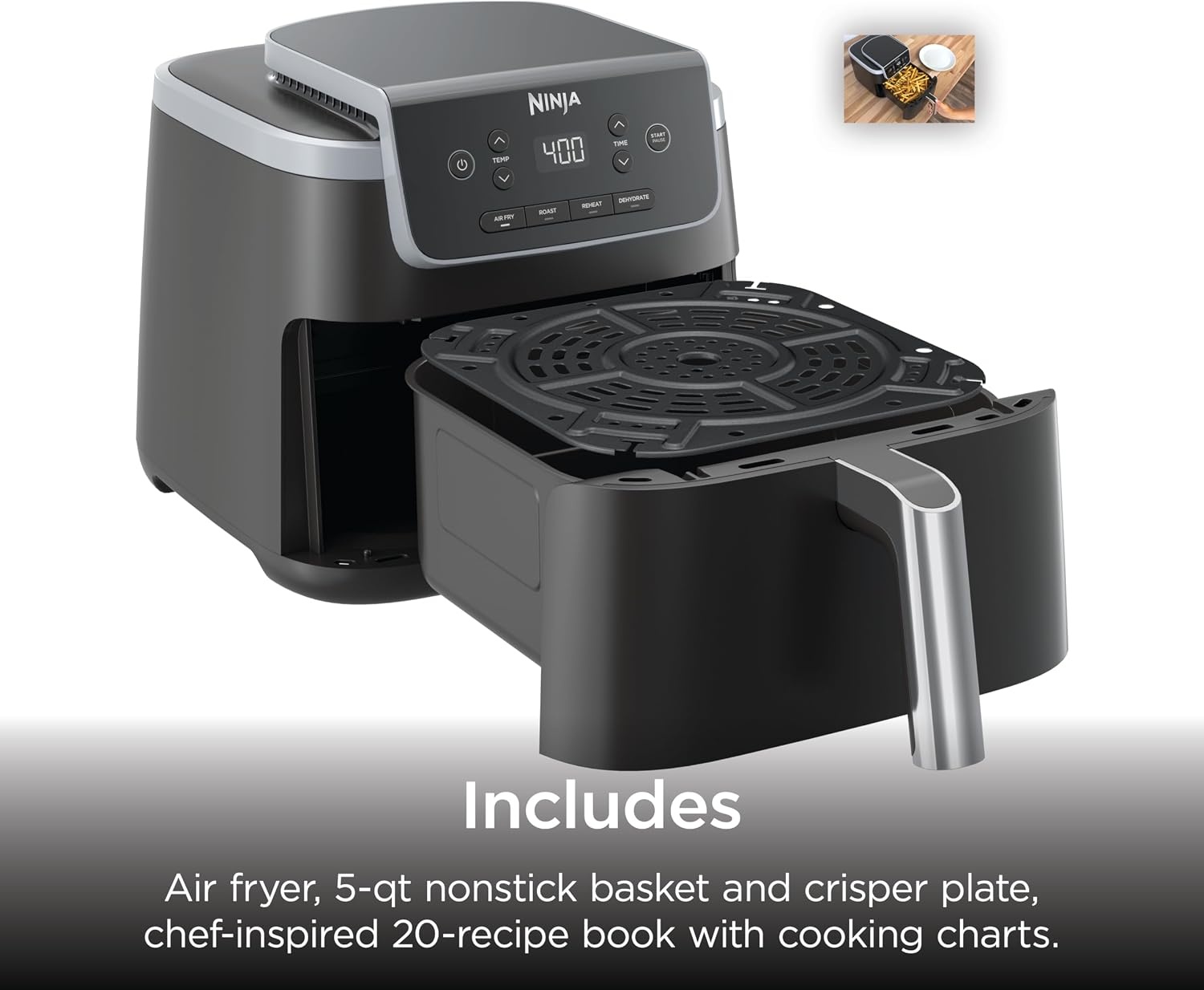 image:imageNinja Air Fryer Pro 5 Qt 5in1 Stone AF142SD Air fry bake roast reheat dehydrate 1750W 400F max Fits 4 lbs fries DishwashersafeGrey