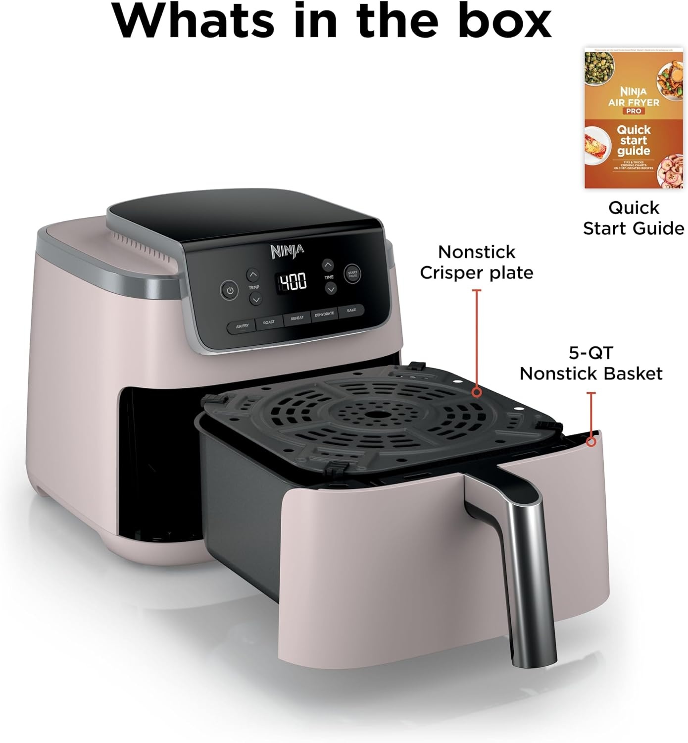 image:imageNinja Air Fryer Pro 5 Qt 5in1 Stone AF142SD Air fry bake roast reheat dehydrate 1750W 400F max Fits 4 lbs fries DishwashersafeLight Pink