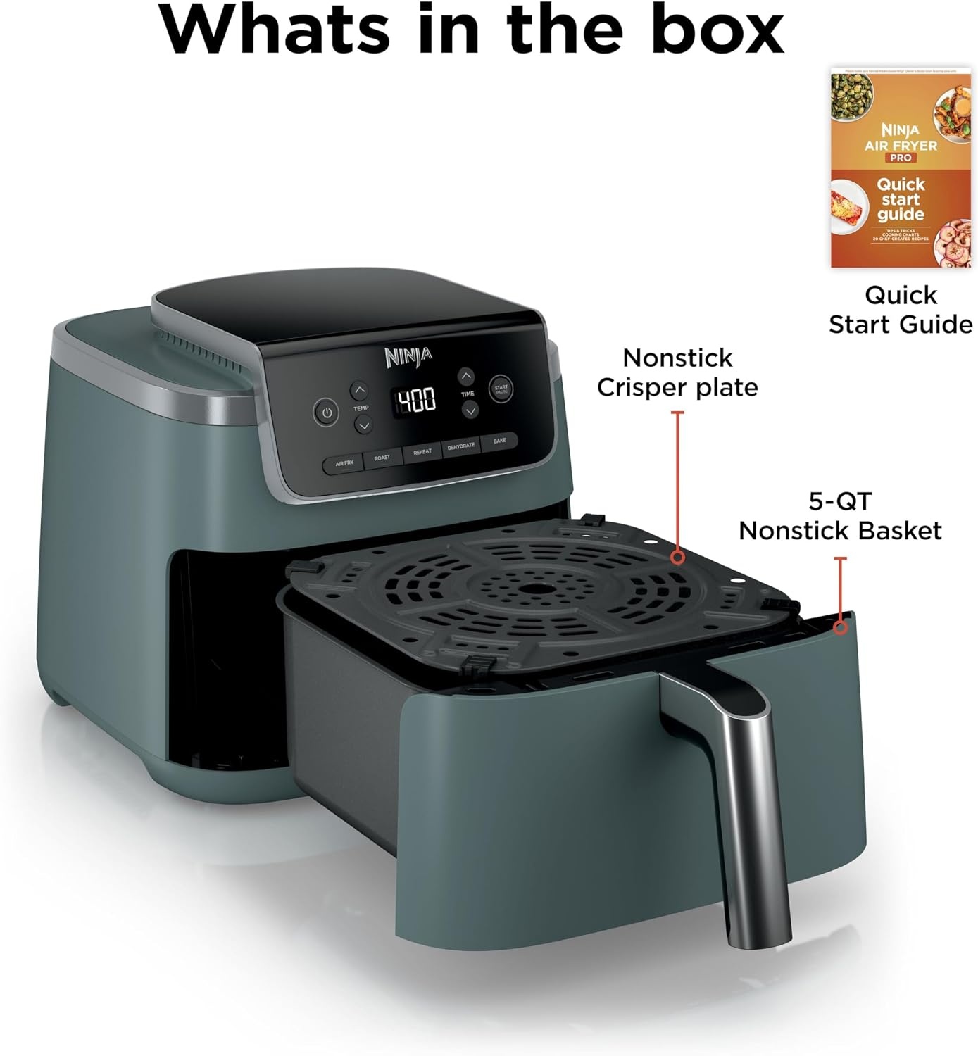 image:imageNinja Air Fryer Pro 5 Qt 5in1 Stone AF142SD Air fry bake roast reheat dehydrate 1750W 400F max Fits 4 lbs fries DishwashersafeSage