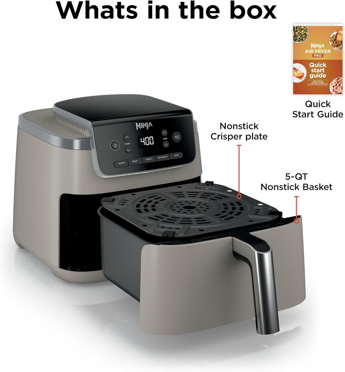 image:imageNinja Air Fryer Pro 5 Qt 5in1 Stone AF142SD Air fry bake roast reheat dehydrate 1750W 400F max Fits 4 lbs fries DishwashersafeStone