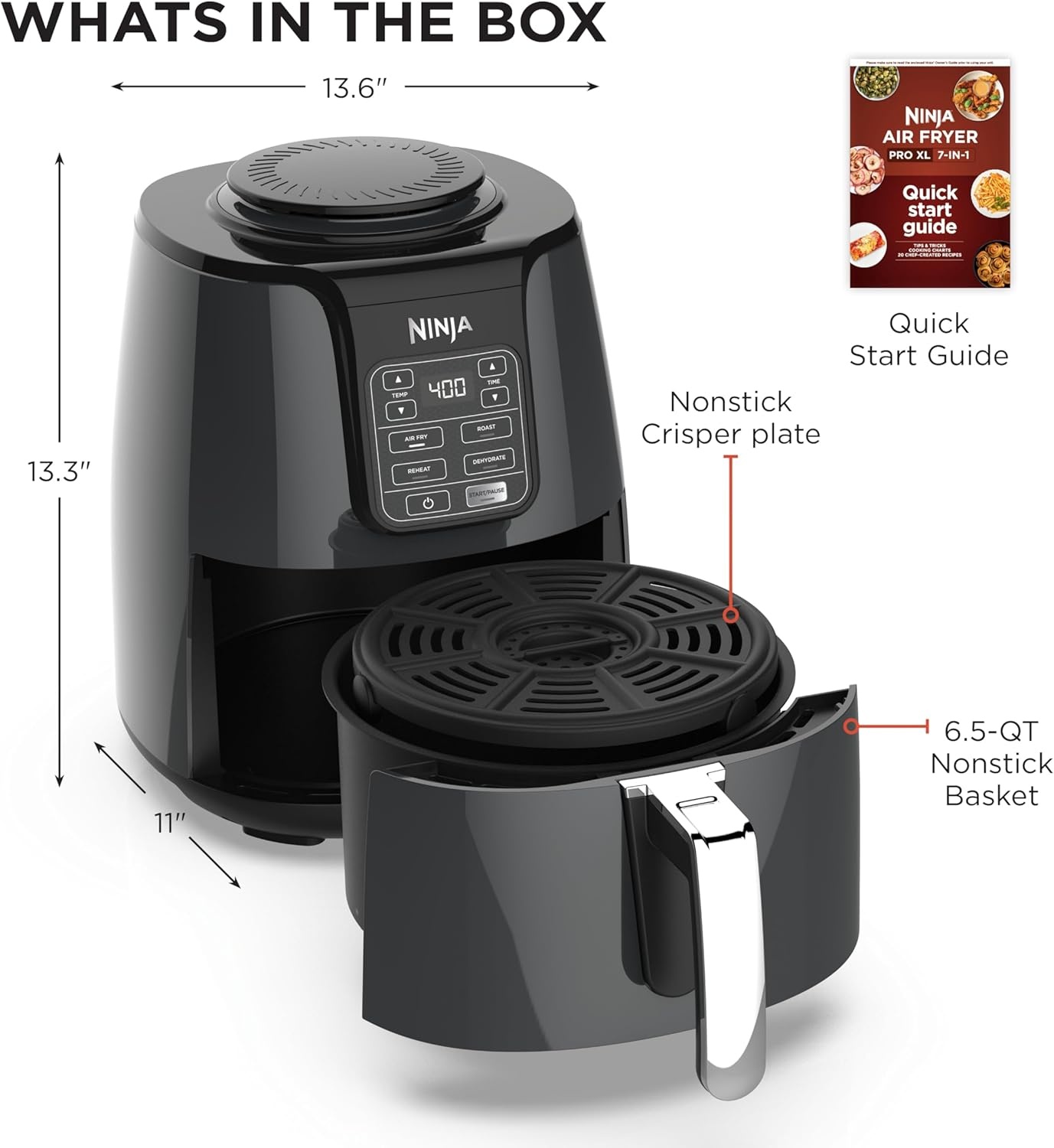 image:imageNinja Air Fryer XL with MaxCrisp 65 Qt 6in1 Grey AF181 Max crisp air fry roast bake reheat dehydrate 1750W 450F max Fits 9 lbs wings4 QT Compact