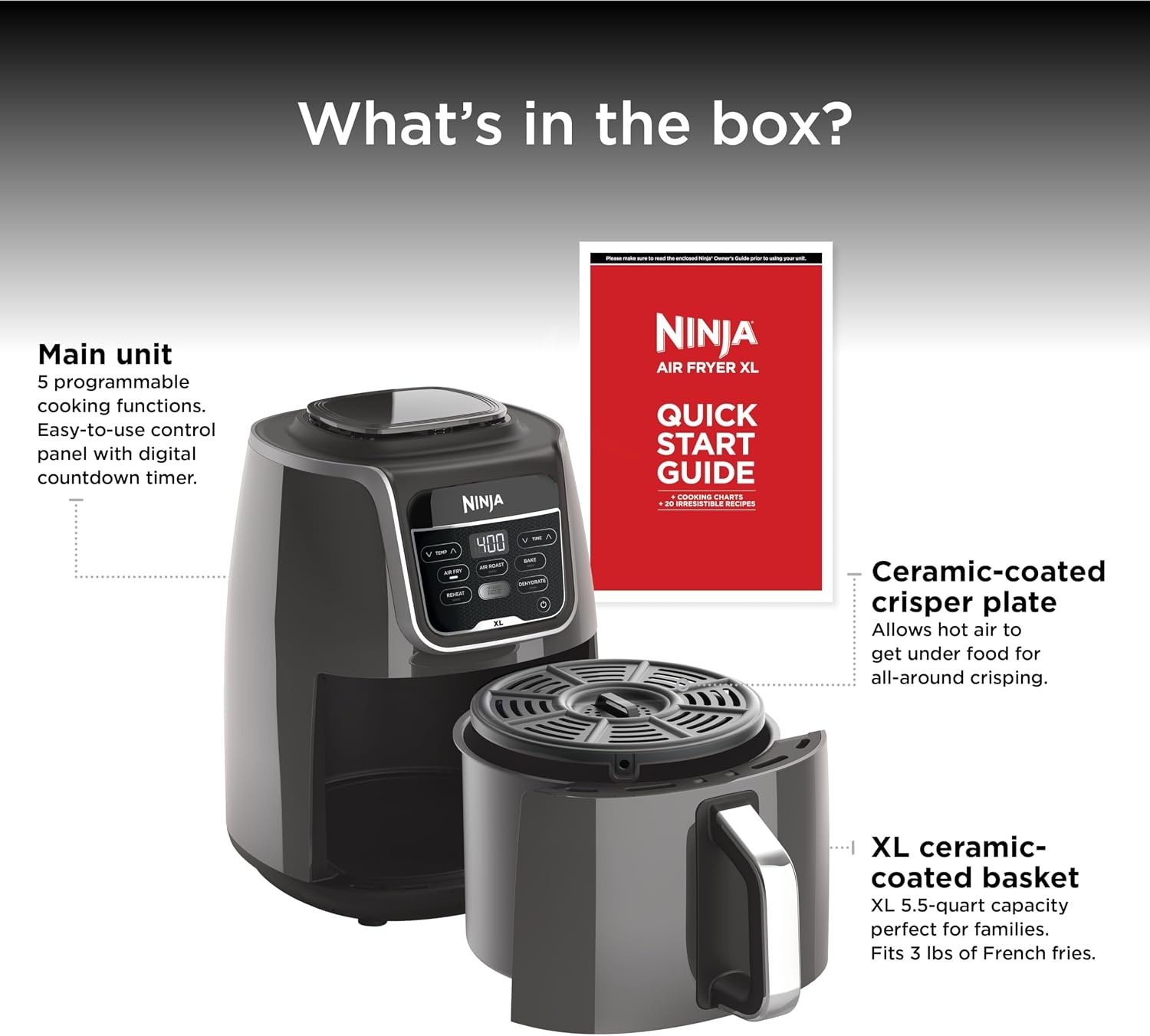 image:imageNinja Air Fryer XL with MaxCrisp 65 Qt 6in1 Grey AF181 Max crisp air fry roast bake reheat dehydrate 1750W 450F max Fits 9 lbs wings55 QT XL