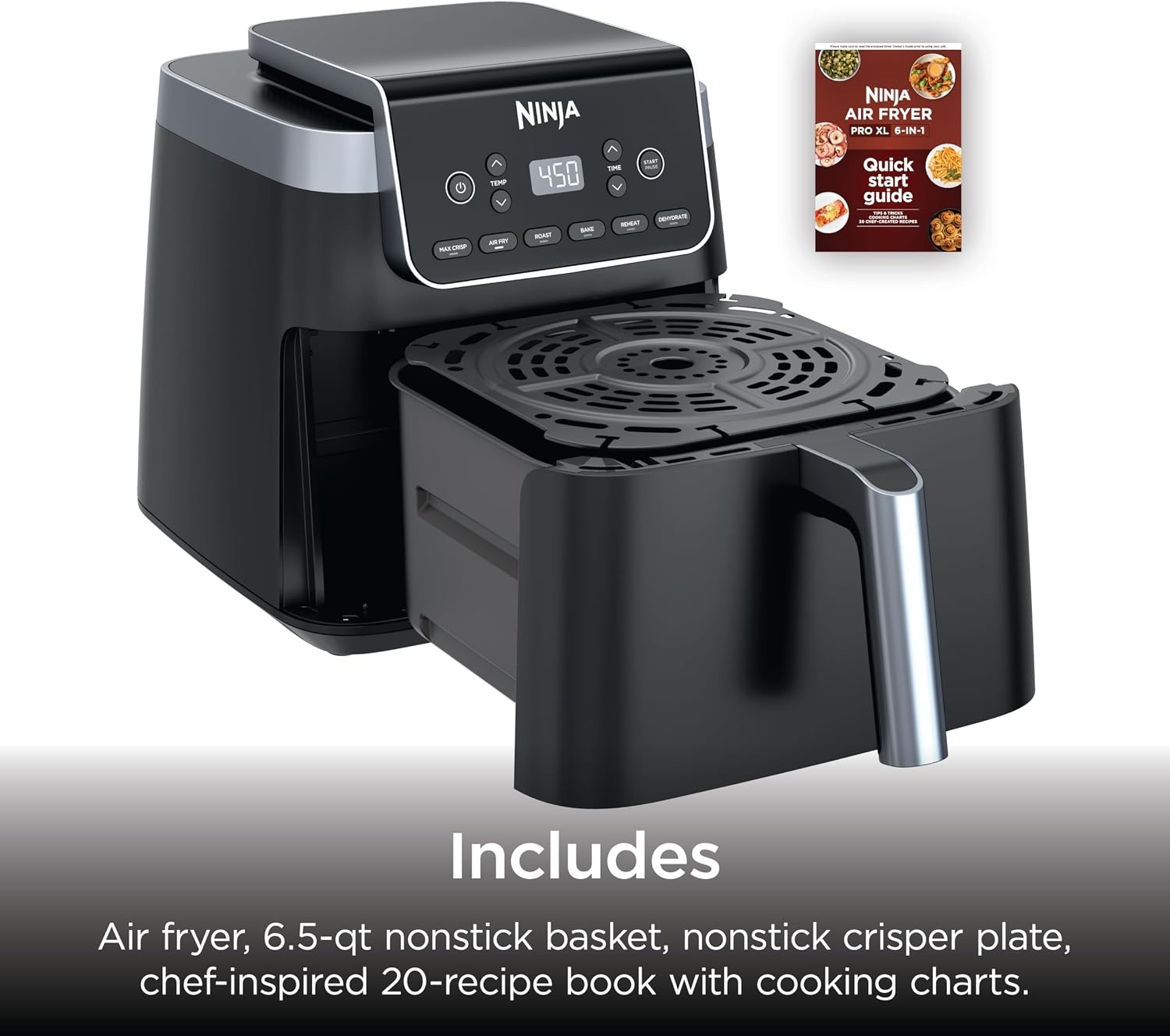 image:imageNinja Air Fryer XL with MaxCrisp 65 Qt 6in1 Grey AF181 Max crisp air fry roast bake reheat dehydrate 1750W 450F max Fits 9 lbs wings65 QT MAX