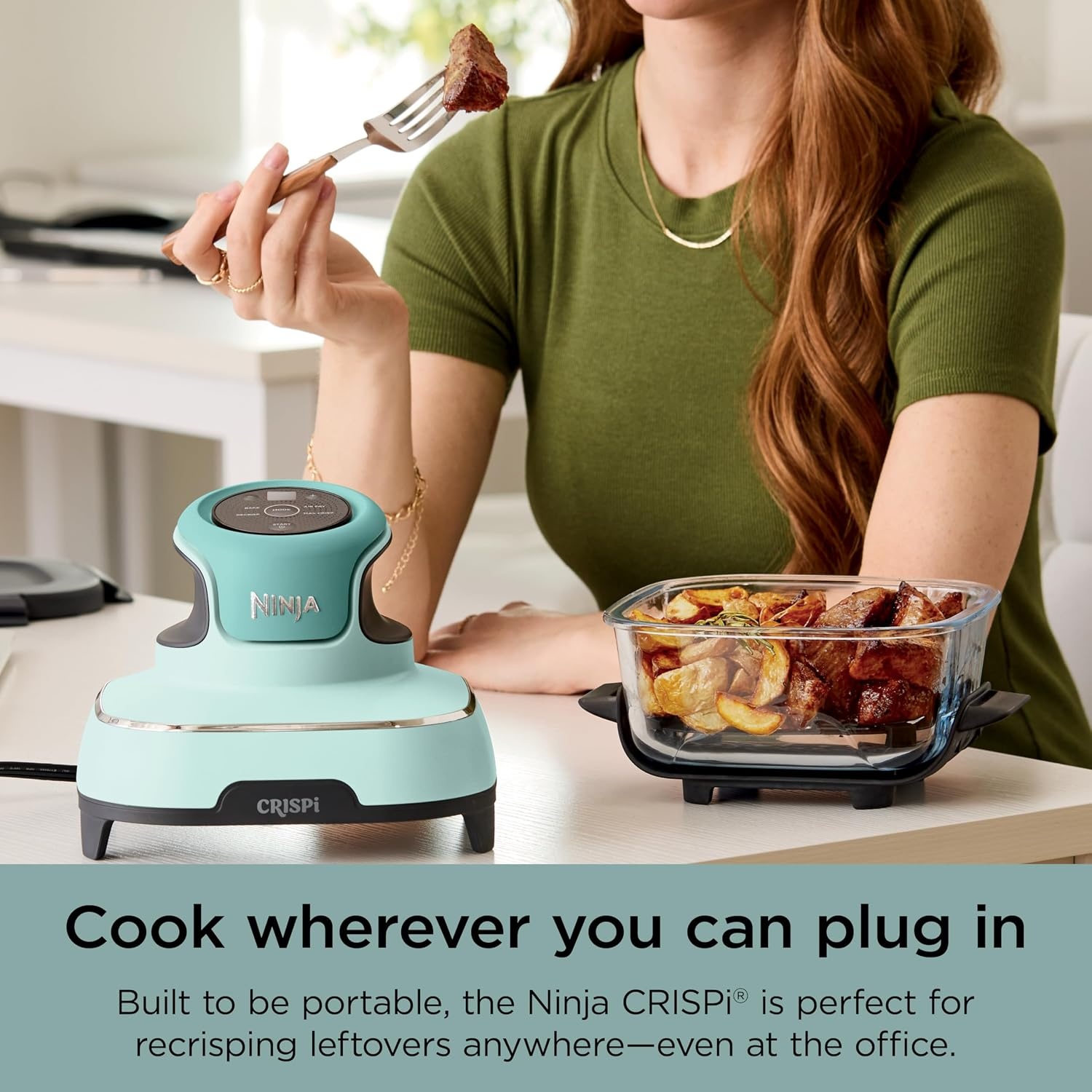 image:imageNinja Crispi Glass Air Fryer 4in1 Mint FN101MT Max crisp bake air fry recrisp 450F max 4 Qt and 6 Cup containers PFASfree glass