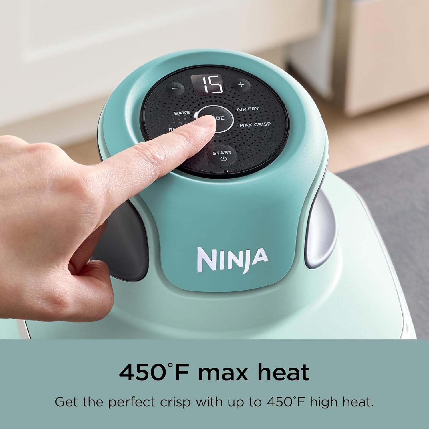 image:imageNinja Crispi Glass Air Fryer 4in1 Mint FN101MT Max crisp bake air fry recrisp 450F max 4 Qt and 6 Cup containers PFASfree glass